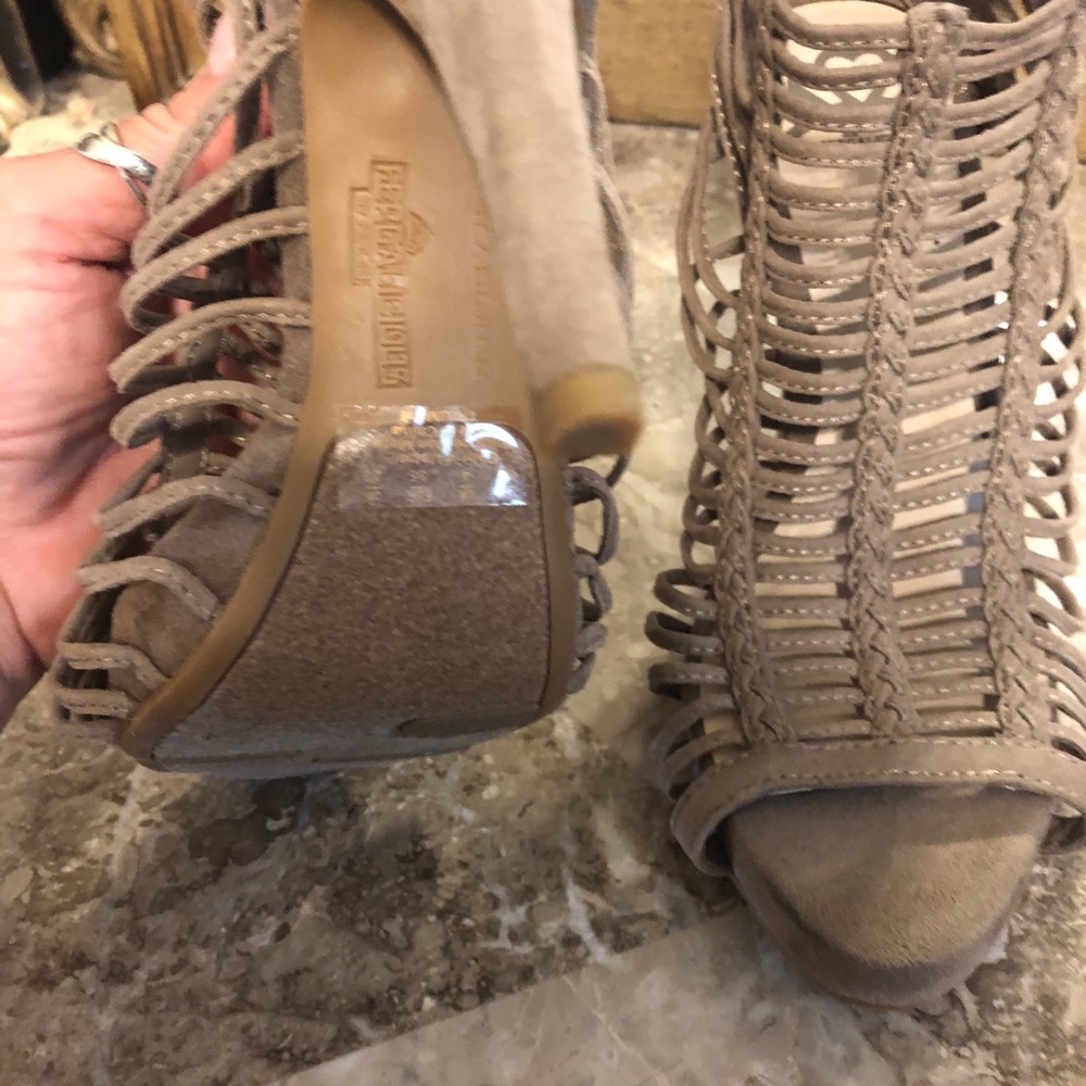 Taupe suede strappy ankle booties